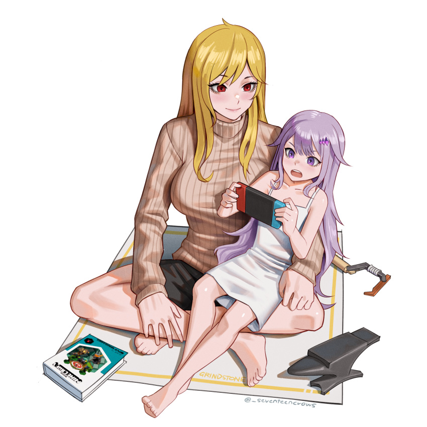 absurdres anvil bare_shoulders barefoot black_shorts blonde_hair blush book breasts brown_sweater butterfly_sitting collarbone dress english_text feet flat_chest full_body gem gem_hair_ornament hair_flaps hair_ornament handheld_game_console highres holding holding_handheld_game_console hololive hololive_english hololive_indonesia kaela_kovalskia koseki_bijou large_breasts long_hair looking_at_another multiple_girls nintendo_switch open_mouth purple_eyes purple_hair red_eyes ribbed_sweater seventeencrows short_dress shorts sidelocks simple_background sitting sitting_on_person smile sweater teeth tongue turtleneck turtleneck_sweater twitter_username upper_teeth_only very_long_hair virtual_youtuber wavy_hair white_dress wrench
