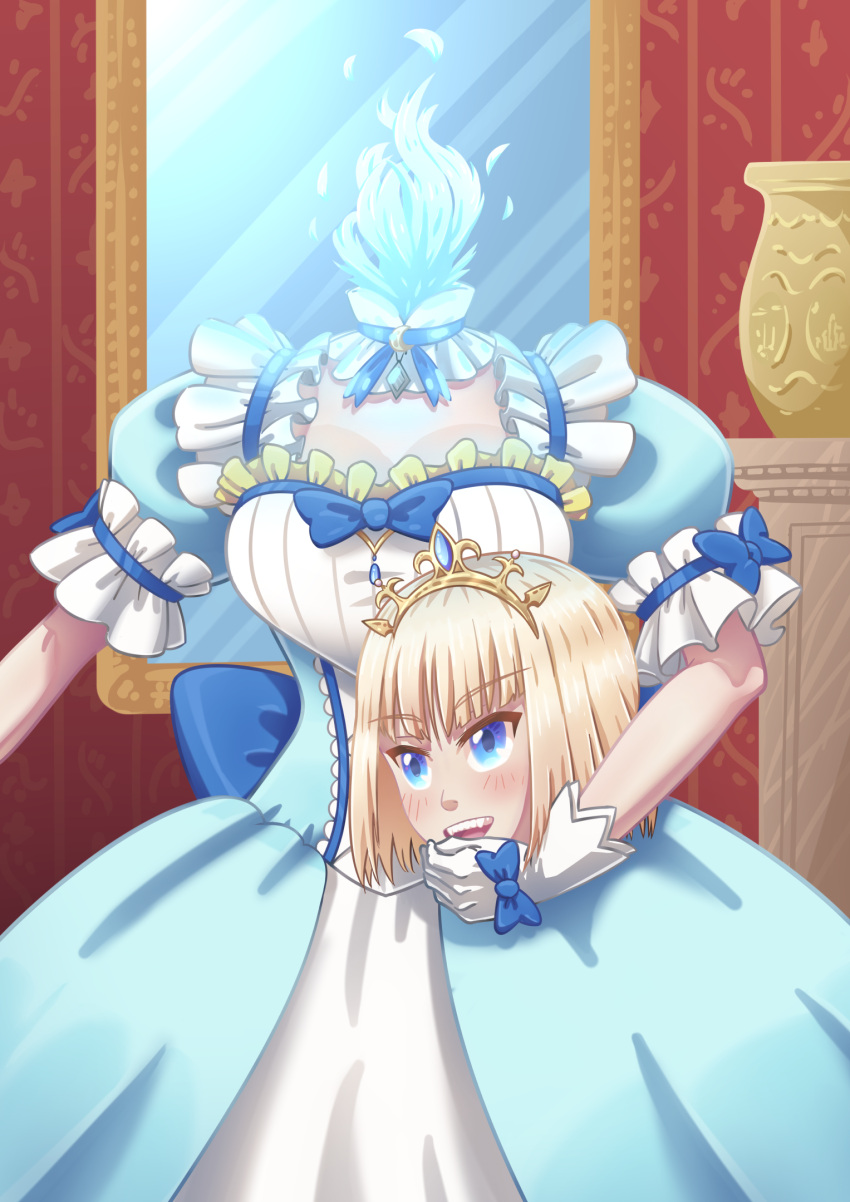 1girl bad_link blonde_hair blue_dress blue_eyes blue_fire blush breasts cleavage drawfag dress dullahan fire gloves highres holding_head indoors mia_luna_tearmoon mirror open_mouth puffy_short_sleeves puffy_sleeves short_hair short_sleeves standing tearmoon_teikoku_monogatari tiara vase white_dress white_gloves