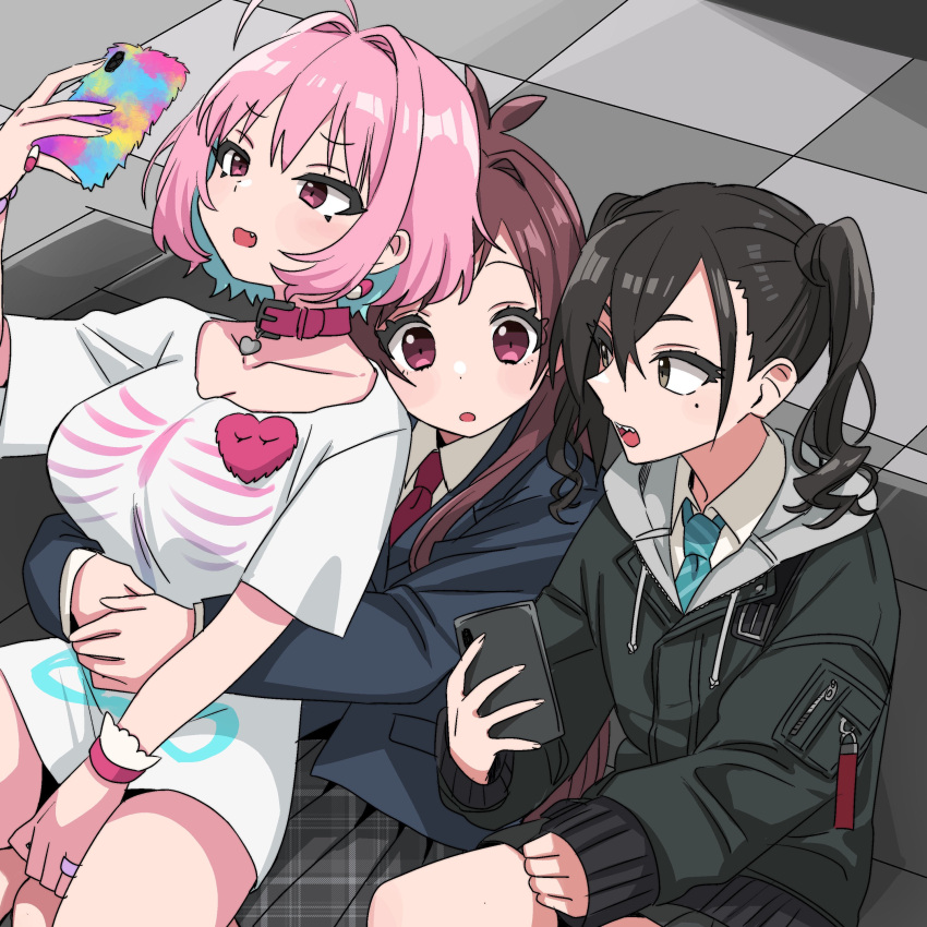 #unicus_(idolmaster) 3girls absurdres ahoge black_hair blazer blue_jacket breasts brown_hair checkered_floor collar collarbone collared_shirt convenient_arm couch diagonal-striped_necktie drawstring dress_shirt earrings fang grey_eyes grey_skirt hair_intakes heart highres holding holding_phone hug hug_from_behind idolmaster idolmaster_cinderella_girls jacket jewelry large_breasts long_hair long_sleeves looking_at_another looking_at_phone mole mole_under_eye multicolored_hair multiple_girls necktie no_pants on_couch open_mouth phone pill_earrings pink_collar pink_eyes pink_hair plaid plaid_skirt pleated_skirt red_necktie ring saito_katuo sharp_teeth shirt short_sleeves sitting sitting_on_lap sitting_on_person skeleton_print skirt sleeves_past_wrists smartphone_case spread_legs sunazuka_akira teeth thighs tile_floor tiles tsujino_akari twintails two-tone_hair white_shirt yumemi_riamu zipper zipper_pull_tab