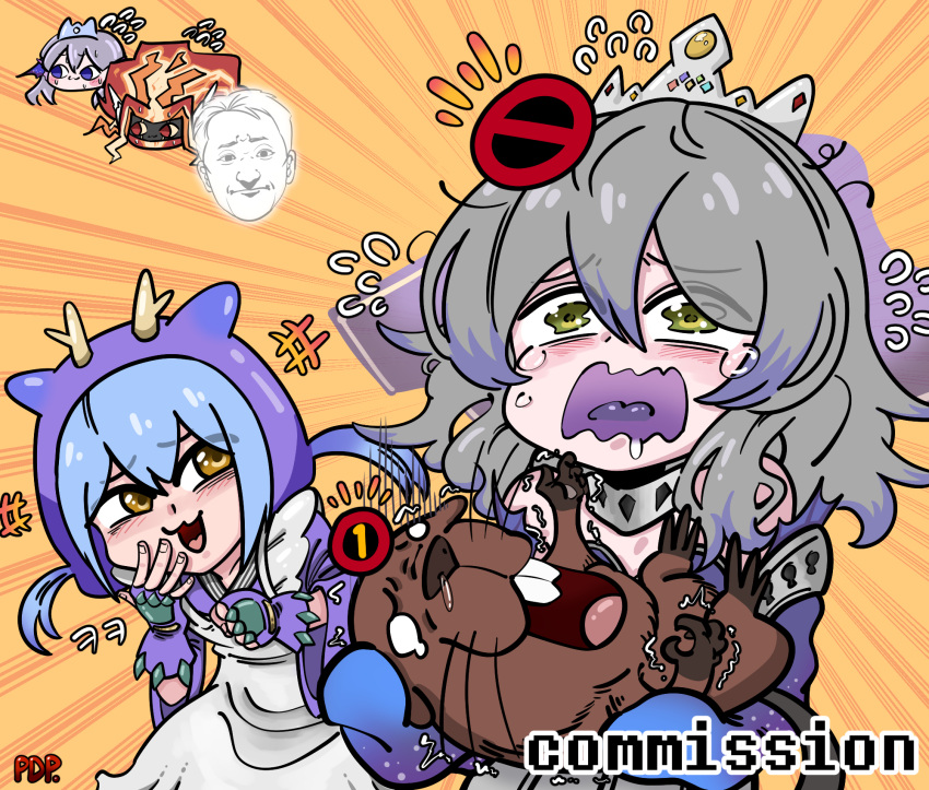 3girls artist_name bare_shoulders beaver blue_hair blush commission crying crying_with_eyes_open duel_monster grey_hair highres ksg950815 laughing laundry_dragonmaid multiple_girls nimble_beaver no_symbol saliva spright_elf tearlaments_kitkallos tearlaments_merrli tears tiara yellow_eyes yu-gi-oh!