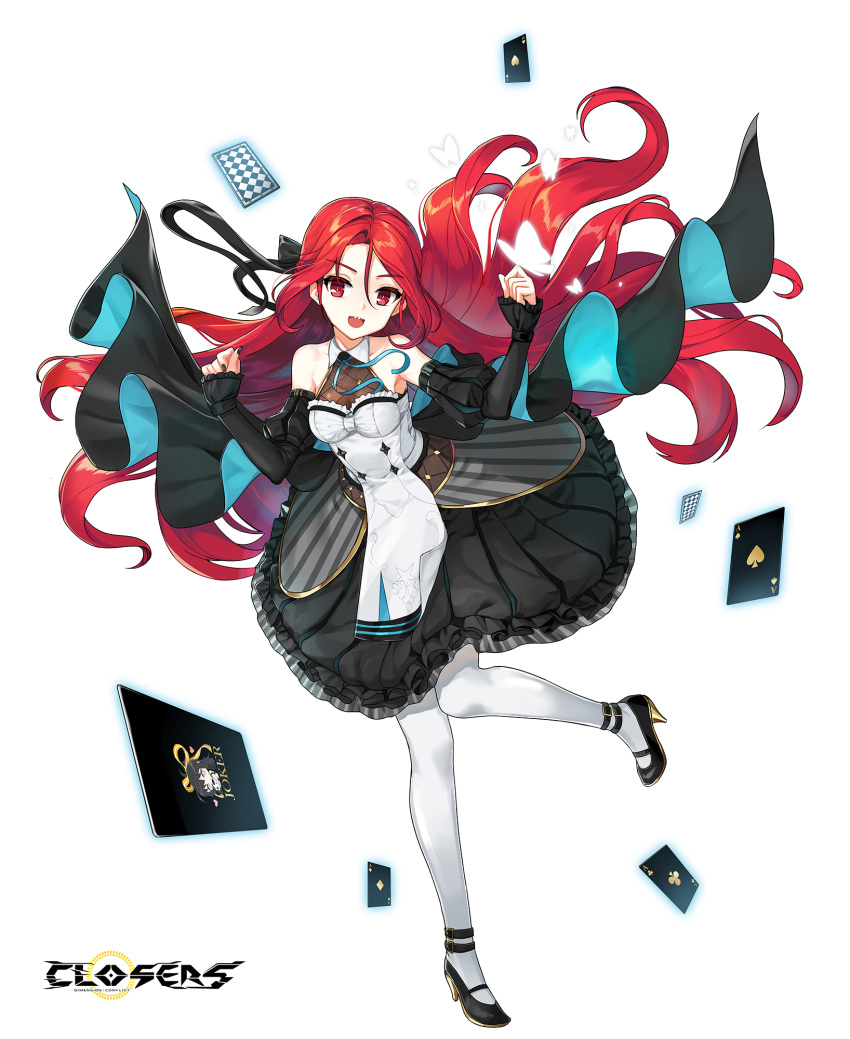 1girl :d ace_(playing_card) ace_of_clubs ace_of_diamonds ace_of_hearts ace_of_spades anklet back_bow bare_shoulders black_bow black_dress black_footwear black_nails black_sleeves blue_ribbon bow breasts bright_pupils card clenched_hands closers club_(shape) collared_dress copyright_name detached_sleeves diamond_(shape) dress floating_hair frilled_dress frills full_body hair_between_eyes hair_bow hands_up head_tilt heart high_heels highres jewelry joker_(playing_card) juliet_sleeves leg_up logo long_hair long_sleeves looking_at_viewer mary_janes neck_ribbon official_art pantyhose parted_bangs playing_card puffy_sleeves red_eyes red_hair ribbon seth_(closers) sharp_teeth shoes sleeveless sleeveless_dress sleeves_past_wrists small_breasts smile solo spade_(shape) standing standing_on_one_leg tachi-e teeth two-tone_dress upper_teeth_only very_long_hair white_background white_dress white_pantyhose white_pupils zettai_ryouiki