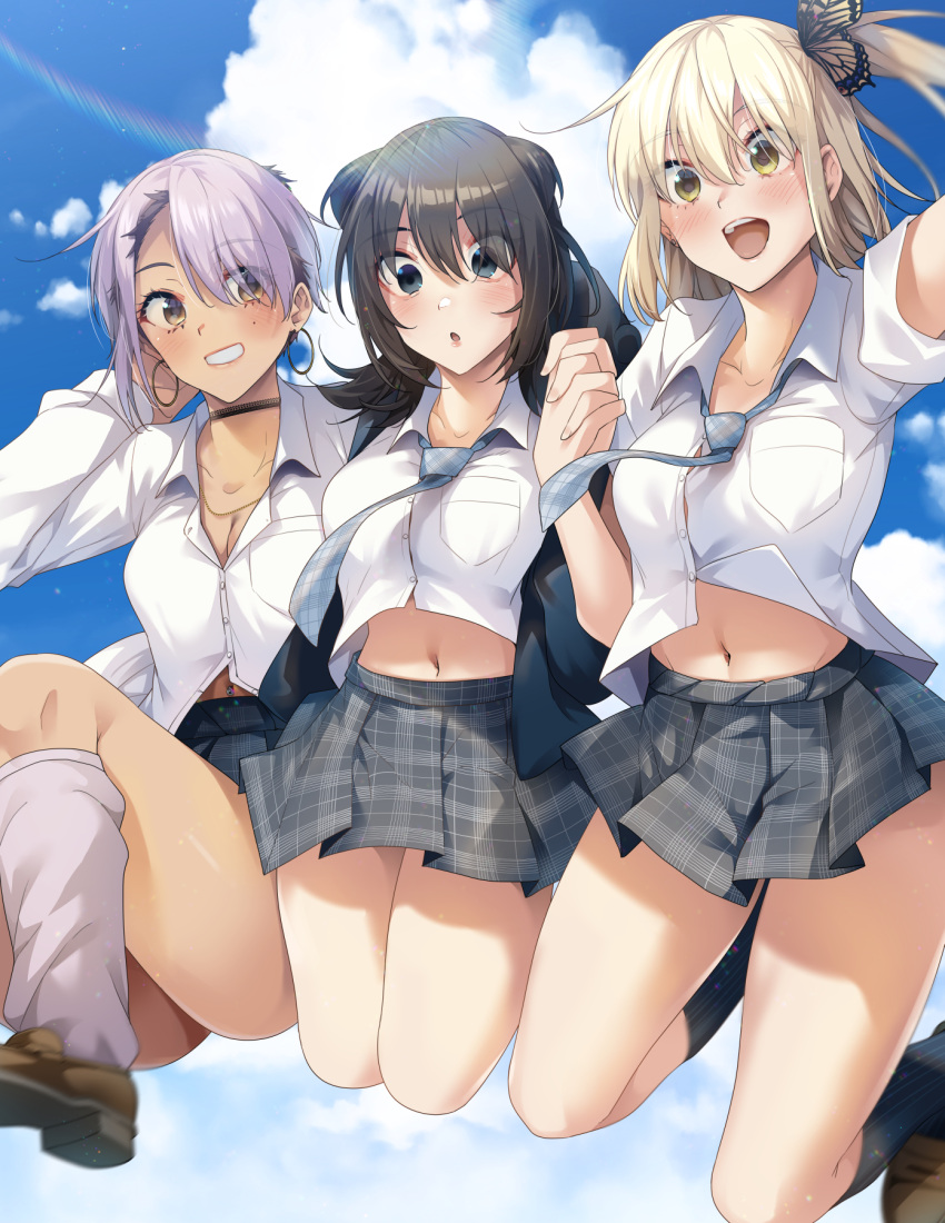 3girls :o black_eyes black_hair black_jacket black_skirt black_socks blonde_hair blue_necktie blue_sky breasts butterfly_hair_ornament cleavage cloud collarbone collared_shirt commentary_request day grin hair_between_eyes hair_ornament highres jacket jumping long_hair midriff_peek multiple_girls navel necktie original outdoors plaid plaid_skirt pleated_skirt purple_hair ryouma_(galley) school_uniform shirt short_hair short_sleeves skirt sky smile socks teeth upper_teeth_only white_shirt white_socks yellow_eyes