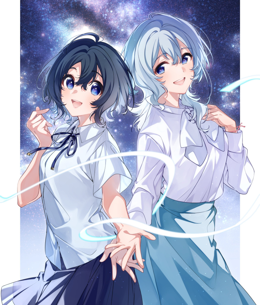 2girls :d absurdres black_hair black_ribbon blue_eyes blue_hair blue_skirt border bow bowtie collared_shirt dress_shirt hair_between_eyes highres long_hair long_sleeves medium_hair multiple_girls neck_ribbon open_mouth pillarboxed pleated_skirt ribbon sankaku_no_asterism shirt short_sleeves skirt smile u35 white_border white_bow white_bowtie white_shirt wing_collar