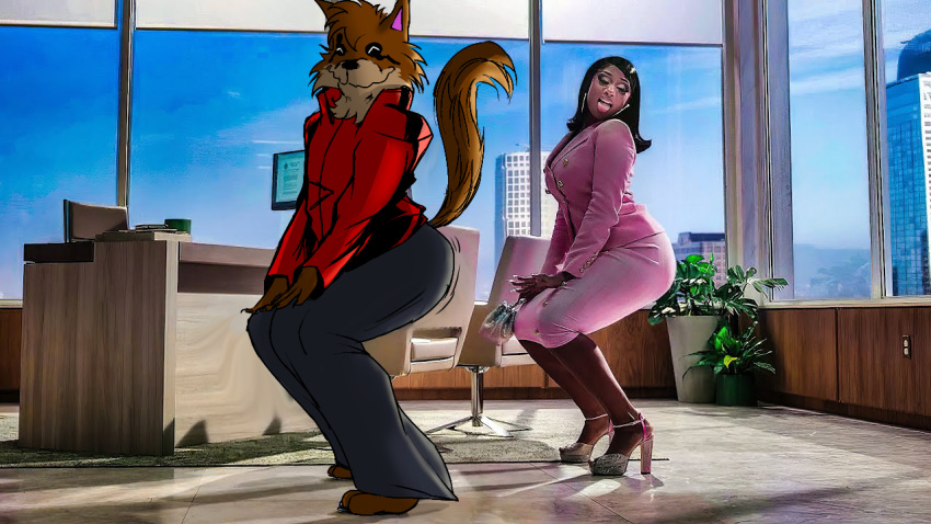 2d_(artwork) aren_ace_armmen babyaren canid canine canis clothing duo female human humanoid humor male male/female mammal marvel marvel_cinematic_universe mask megan_thee_stallion musician red_clothing she-hulk twerking wolf