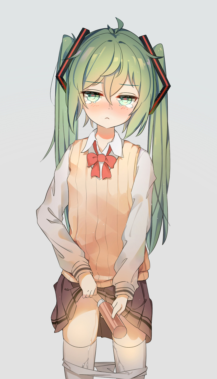 1girl absurdres black_skirt blush bow bowtie green_background green_eyes grey_background hatsune_miku highres kilo_(pixiv) long_hair long_sleeves panties peeing red_bow school_uniform simple_background skirt solo tears thighhighs twintails underwear vocaloid white_panties white_thighhighs