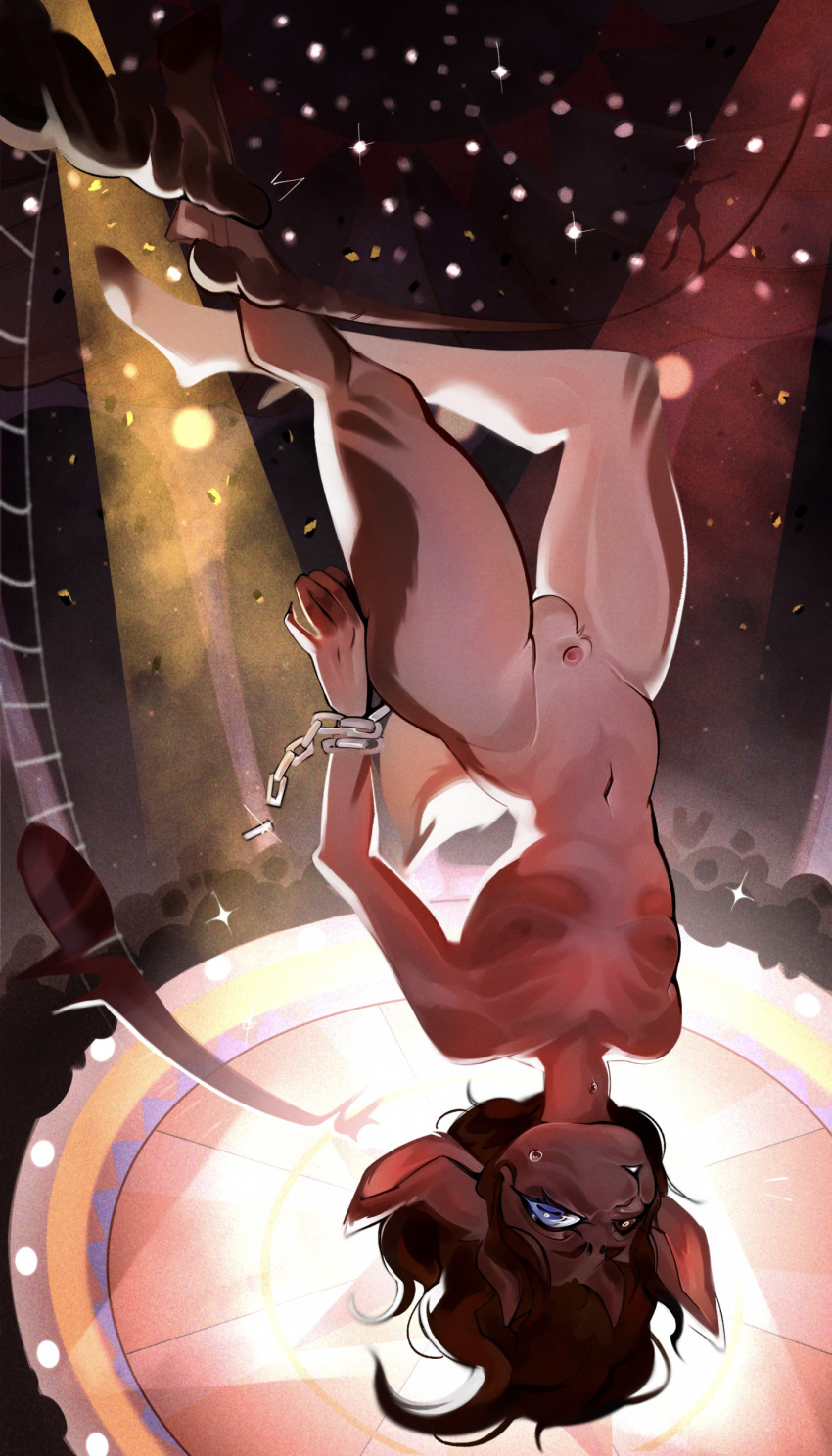 2023 2_horns absurd_res anthro audience balls big_ears black_hair brown_body brown_fur brown_horn chain chernichniypirozhok circus full-length_portrait fur genitals girly group hair hi_res horn inside ladder lights looking_at_viewer male navel nipples nude penis penis_tip portrait smile solo unknown_species upside_down