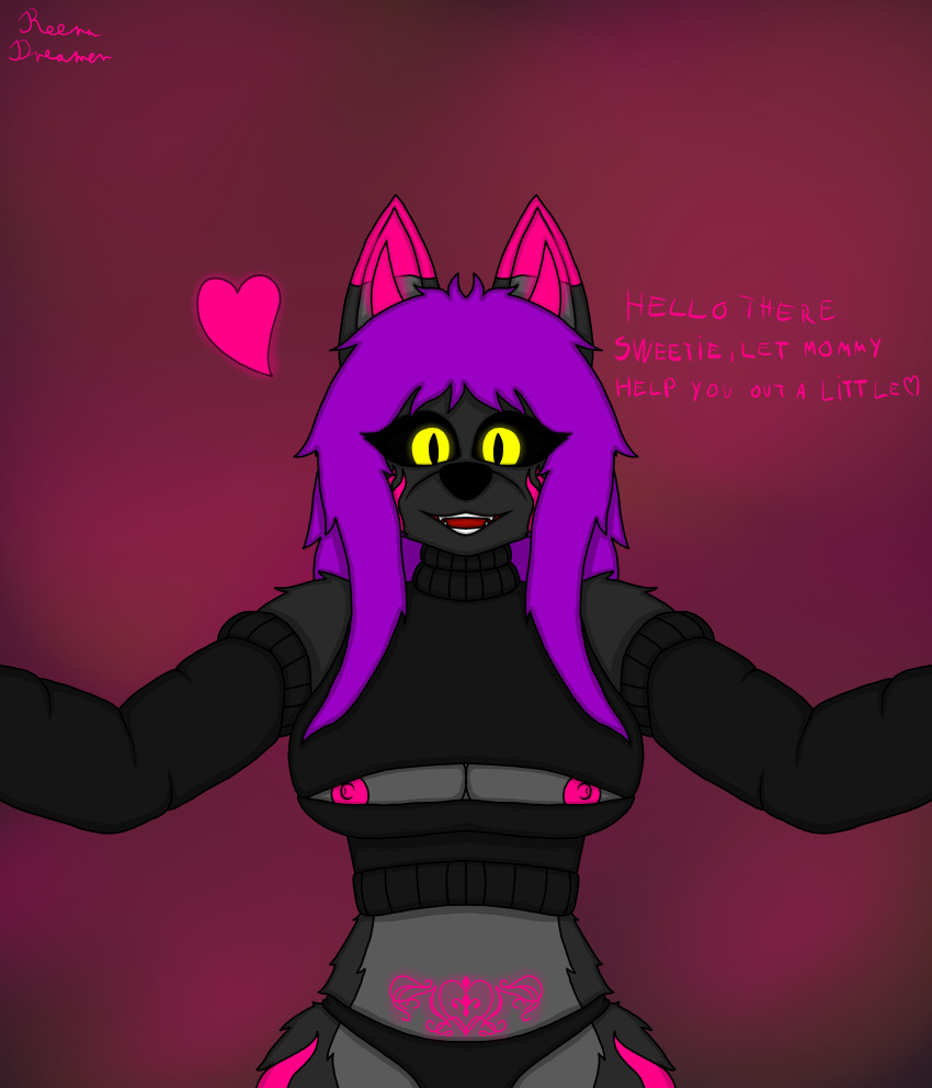 &lt;3 absurd_res anthro arm_warmers armwear belly_tattoo big_breasts black_arm_warmers black_body black_clothing black_crop_top black_fur black_nose black_panties black_sclera black_underwear breasts canid canine canis clothing crop_top demon dialogue facial_tattoo female fluffy fluffy_fur fluffy_hair fur fur_markings glowing glowing_eyes glowing_horn hair hi_res horn mammal markings mommy_kink nipples panties pantsless pink_ear_tips pink_horn pink_markings pink_nipples pink_tattoo purple_hair reena-dreamer reena_dreamer shirt simple_background smile solo talking_to_viewer tattoo tattoo_on_thigh topwear underwear watermark wolf yellow_eyes