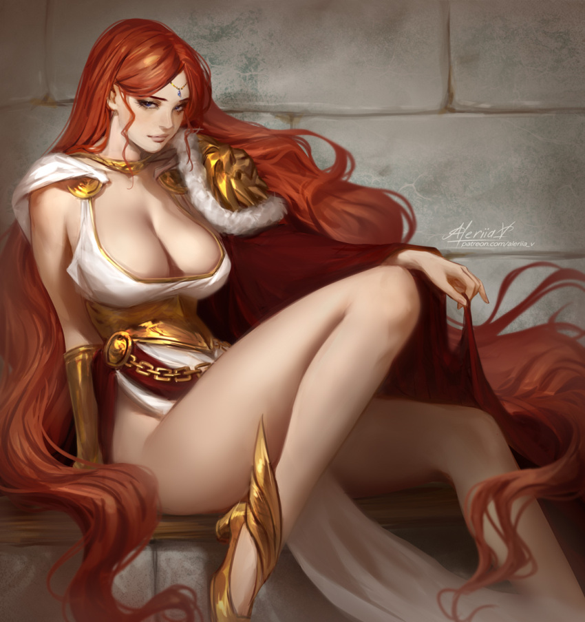 1girl aleriia_v armor artist_name black_eyes breasts cape cape_lift chain cleavage dress foot_out_of_frame fur_trim highres jewelry large_breasts lips long_hair looking_at_viewer original parted_bangs pelvic_curtain red_cape red_hair shoulder_armor signature sitting smirk solo very_long_hair white_dress