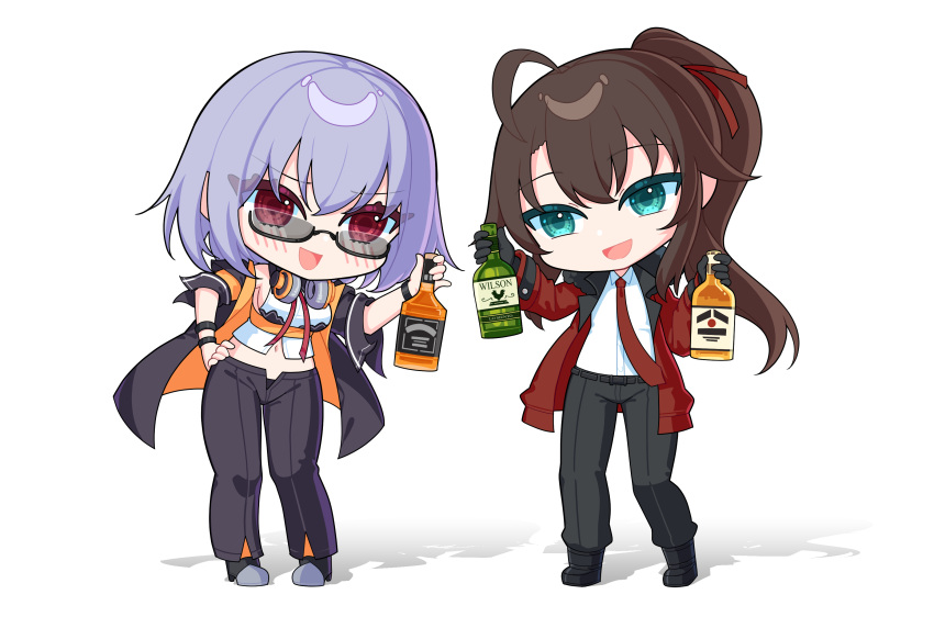 1boy 1girl ahoge alcohol belt black_belt black_footwear black_gloves black_panties black_pants blue_eyes blush boots bottle breasts brown_hair chibi collared_shirt commander_(girls'_frontline) commission fur-trimmed_jacket fur_trim girls'_frontline gloves grey-tinted_eyewear hair_ribbon hand_on_own_hip hands_up headphones headphones_around_neck high_heel_boots high_heels highres holding holding_bottle jacket journey_in_the_auspicious_snow_(girls'_frontline) long_hair looking_at_viewer medium_hair midriff navel necktie off_shoulder open_clothes open_fly open_jacket open_mouth panties pants ponytail purple_hair red_eyes red_jacket red_necktie red_ribbon ribbon rynzfrancis semi-rimless_eyewear shirt shirt_tucked_in short_sleeves sideboob sidelocks simple_background sleeveless sleeveless_shirt smile thompson_(girls'_frontline) underwear white_background white_shirt