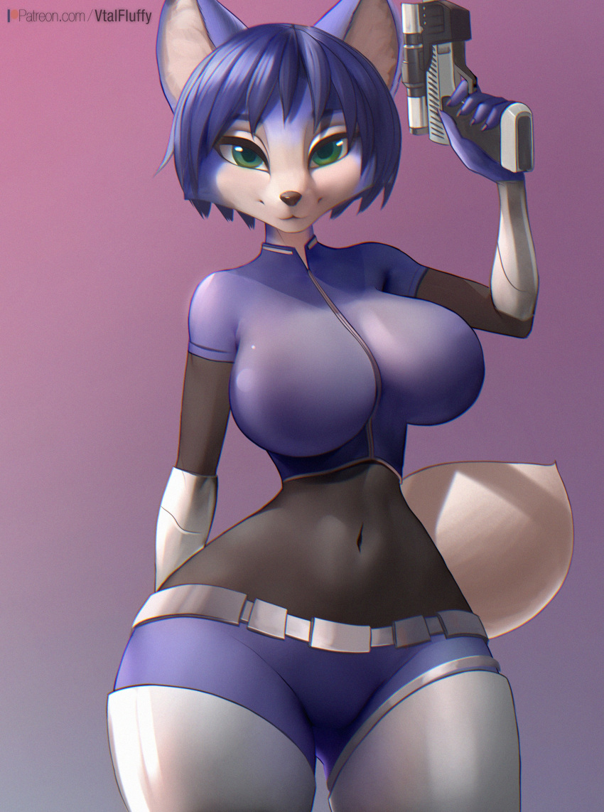 2023 absurd_res anthro big_breasts blue_body blue_fur breasts canid canine clothing female fox fur gun hi_res krystal looking_at_viewer mammal navel_outline nintendo ranged_weapon small_waist star_fox tail thick_thighs v-tal weapon wide_hips