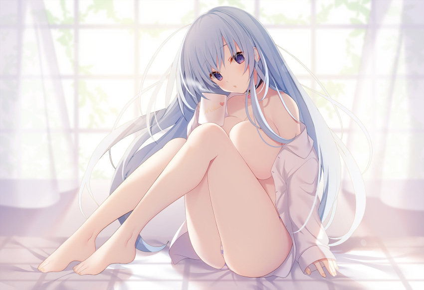 1girl ass bare_legs bare_shoulders barefoot black_choker blue_hair breast_press breasts choker coffee_mug cup curtains dress_shirt emori_miku emori_miku_project feet head_tilt heart highres holding holding_cup knees_up large_breasts long_hair long_sleeves looking_at_viewer miko_(royal_milk) mug no_bra no_pants off_shoulder open_clothes open_shirt panties parted_lips purple_eyes second-party_source shirt sidelocks sitting solo steam striped striped_panties underwear very_long_hair white_shirt window
