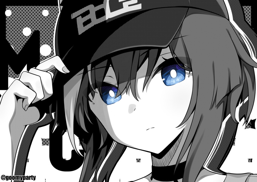 1girl arm_up baseball_cap blue_eyes boc'z_(umamusume) cheval_grand_(umamusume) choker closed_mouth fingernails goom_(goomyparty) hair_between_eyes hand_on_headwear hat highres looking_at_viewer monochrome multicolored_hair pokemon portrait solo spot_color streaked_hair twitter_username