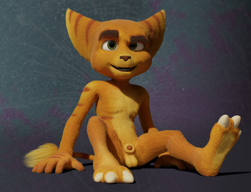 3d_(artwork) animal_genitalia anthro balls big_ears blender_(software) claws digital_media_(artwork) feet front_view fur genitals green_eyes light_belly lombax looking_at_viewer male mammal markings nude on_model penis pink_penis ratchet ratchet_and_clank retracted_sheath ring_(marking) ringtail rockyrcoon sheath simple_background sitting solo sony_corporation sony_interactive_entertainment spread_legs spreading stripes tail tail_markings tail_tuft toe_claws tuft yellow_body yellow_fur