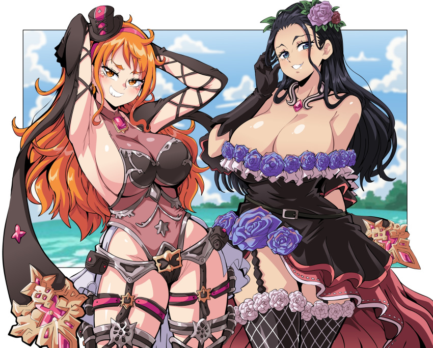 2girls armor armpits arms_up belt black_dress black_gloves black_hair black_thighhighs blue_eyes blue_sky blurry blurry_background blush border breastplate breasts brown_eyes catherine_(granblue_fantasy) catherine_(granblue_fantasy)_(cosplay) cleavage cloud cosplay cowboy_shot day dress flower garter_straps gloves granblue_fantasy grin hair_flower hair_ornament hat highres large_breasts leotard lewdamone long_hair mini_hat mini_top_hat multiple_girls nami_(one_piece) nico_robin ocean one_piece orange_hair outdoors rosetta_(granblue_fantasy) rosetta_(granblue_fantasy)_(cosplay) sideboob sky smile standing thigh_strap thighhighs top_hat white_border