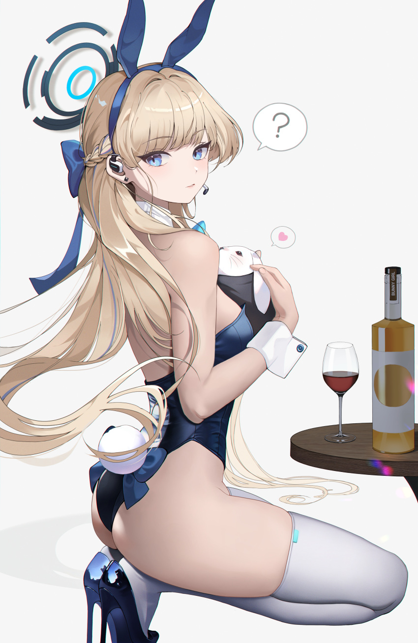 1girl ? absurdres alcohol animal animal_ears ass bare_shoulders blonde_hair blue_archive blue_bow blue_eyes blue_hairband blue_leotard bottle bow bowtie braid breasts cup detached_collar drinking_glass earpiece fake_animal_ears fake_tail floating_hair from_side full_body hael hairband halo highleg highleg_leotard highres holding_rabbit leotard long_hair looking_at_viewer looking_to_the_side medium_breasts microphone official_alternate_costume official_alternate_hairstyle playboy_bunny rabbit rabbit_ears rabbit_tail solo squatting table tail thighs tiptoes toki_(blue_archive) toki_(bunny)_(blue_archive) very_long_hair wine_glass wrist_cuffs