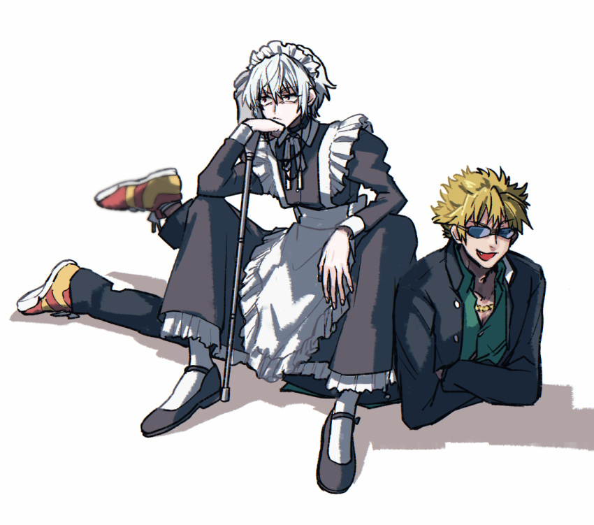 2boys a_certain_high_school_uniform accelerator_(toaru_majutsu_no_index) albino alternate_costume androgynous annoyed apron black_choker black_dress black_footwear black_jacket black_pants blonde_hair cane choker crossdressing dress electrodes frilled_apron frills frown full_body green_shirt holding holding_cane holding_crutch jacket knees_up lies_(artist) long_sleeves looking_to_the_side maid maid_apron maid_headdress mary_janes multiple_boys neck_ribbon open_mouth pale_skin pants puffy_sleeves red_eyes ribbon sanpaku school_uniform shadow shirt shoes short_hair sitting sitting_on_person smile sneakers spiked_hair squatting sunglasses toaru_majutsu_no_index tsuchimikado_motoharu waist_apron white_apron white_background white_hair yellow_footwear