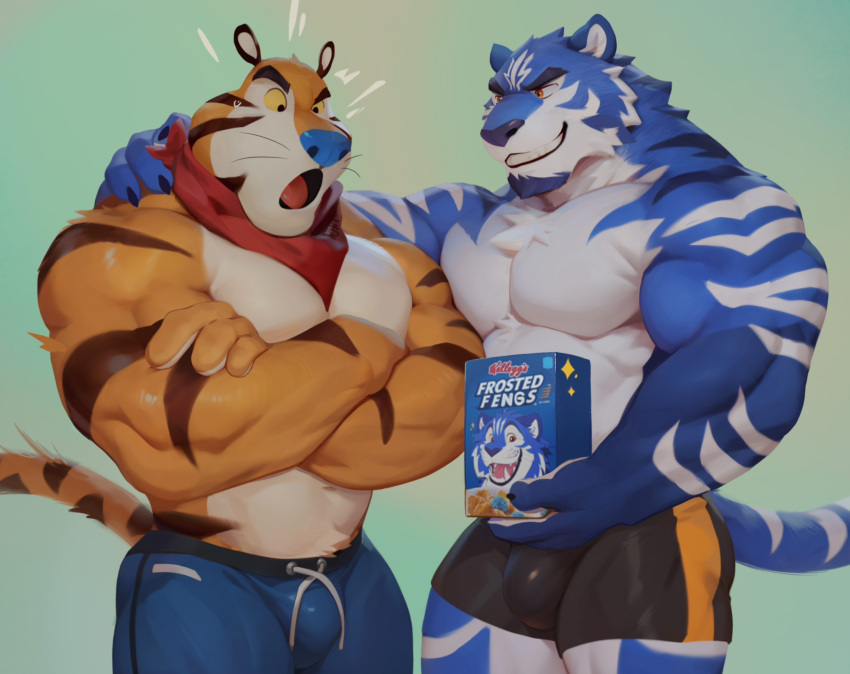 anthro blue_body blue_nose blue_tail bulge cereal_box clothed clothing crossed_arms duo english_text eyebrows facial_hair felid frosted_flakes hi_res kellogg's male male/male mammal mascot mukum_1am muscular muscular_anthro muscular_male pantherine simple_background stripes tail teeth text tiger tongue tony_the_tiger topless topless_anthro topless_male white_stripes