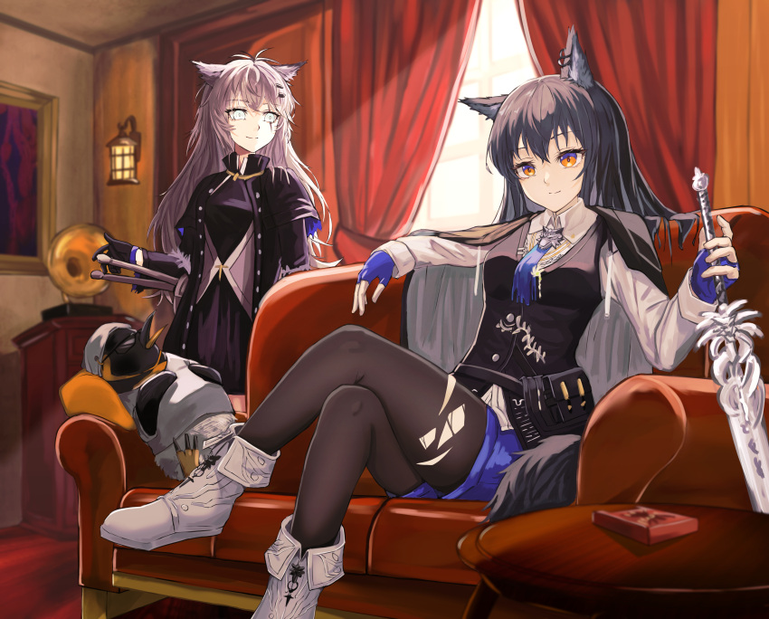 2girls absurdres animal_ear_fluff animal_ears arknights bird black_hair black_jacket black_pantyhose black_vest blue_gloves blue_necktie blue_shorts boots brown_eyes closed_mouth coat coat_on_shoulders couch crossed_legs curtains emperor_penguin fingerless_gloves gloves grey_eyes highres holding holding_sword holding_weapon indoors jacket lappland_(arknights) lappland_(refined_horrormare)_(arknights) long_hair long_sleeves looking_at_viewer multiple_girls necktie official_alternate_costume pantyhose pantyhose_under_shorts penguin phonograph putcho scar scar_across_eye shirt shorts sitting smile sword tail texas_(arknights) texas_the_omertosa_(arknights) the_emperor_(arknights) torn_clothes torn_pantyhose vest weapon white_footwear white_hair white_shirt wolf_ears wolf_girl wolf_tail