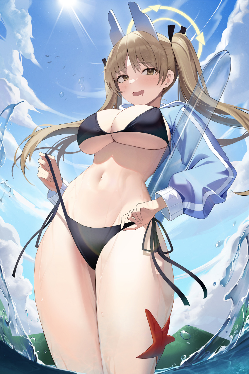 1girl absurdres animal_ears bikini black_bikini blue_archive blue_hoodie blue_sky brown_eyes brown_hair clothes_lift cloud cowboy_shot day floating_hair halo highres hood hoodie hoodie_lift looking_at_viewer moe_(blue_archive) moe_(swimsuit)_(blue_archive) navel official_alternate_costume open_mouth outdoors pekoku_(tamago_sushi) rabbit_ears side-tie_bikini_bottom sky solo starfish stomach swimsuit thighs twintails wading water