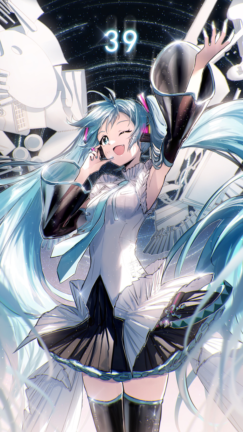 1girl 39 ;d absurdres arm_up armpits black_skirt black_sleeves black_thighhighs blue_eyes blue_hair blue_necktie breasts commentary detached_sleeves fang hand_up hatsune_miku headphones headset highres lengchan_(fu626878068) long_hair long_sleeves medium_breasts necktie one_eye_closed pleated_skirt shirt skirt sleeveless sleeveless_shirt smile solo thighhighs twintails very_long_hair vocaloid white_shirt wide_sleeves
