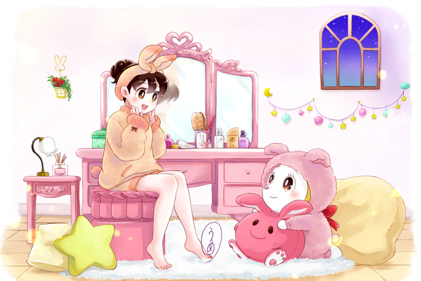 1girl :d alternate_hairstyle barefoot brown_eyes character_request comb doraemon hair_brush hair_up hairband hands_up indoors lamp long_sleeves makeup minamoto_shizuka mirror nail_polish_bottle pillow rug sitting sleeves_past_wrists smile stuffed_toy throw_pillow tile_floor tiles umemaru_93 window