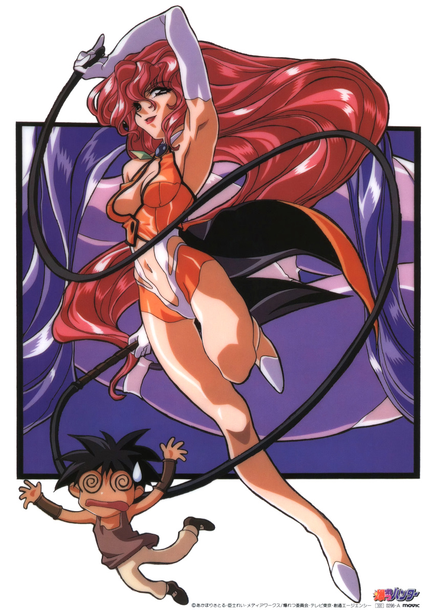 1990s_(style) 1boy 1girl @_@ arm_up armpits bakuretsu_hunters black_hair breasts brooch carrot_glace cleavage coattails copyright elbow_gloves gloves gotou_keiji highres holding holding_whip jewelry logo long_hair navel non-web_source open_mouth pink_hair red_eyes retro_artstyle scan short_hair solo_focus sweatdrop tira_misu very_long_hair white_footwear white_gloves