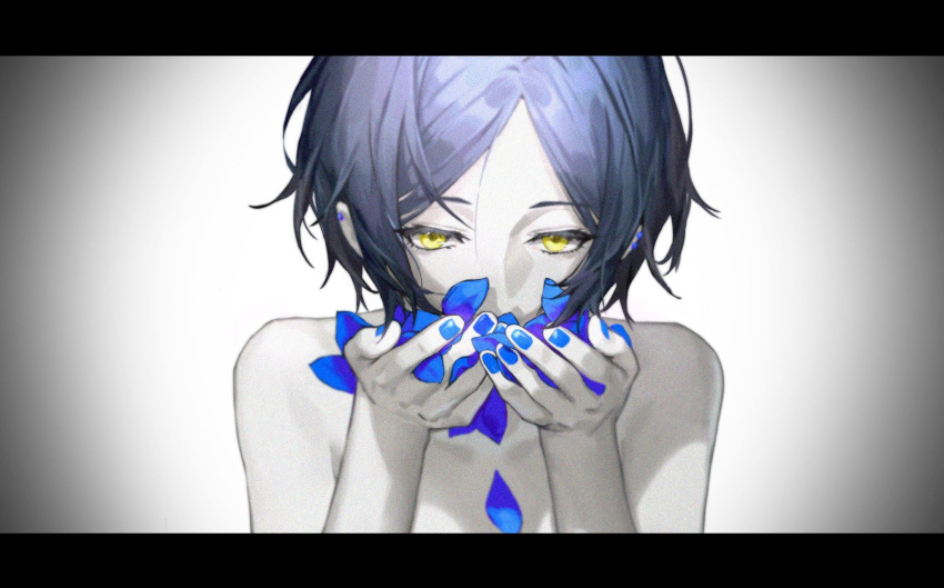 1girl blue_hair blue_nails collarbone ear_piercing hand_up hayami_kanade highres holding holding_petal idolmaster idolmaster_cinderella_girls idolmaster_cinderella_girls_starlight_stage letterboxed looking_down nude out-of-frame_censoring parted_bangs petals piercing short_hair simple_background solo white_background yannn yellow_eyes