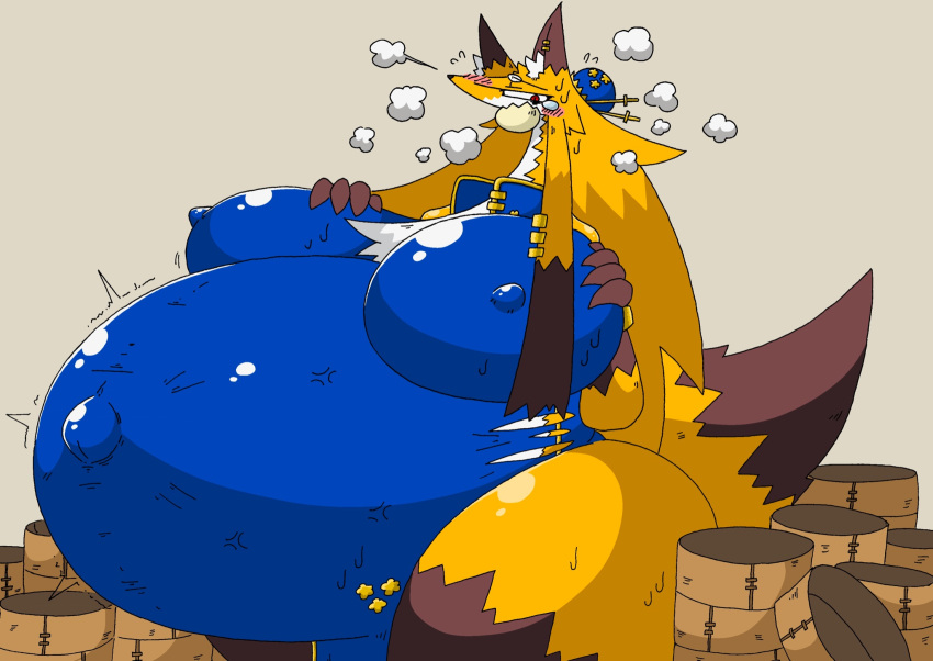 2020 anthro belly belly_inflation big_belly big_breasts big_hair biped blue_clothing bodily_fluids breasts brown_body brown_ears brown_fur brown_hair brown_tail canid canine claws clothing ear_markings eating eating_food female food food_in_mouth fox fur fur_markings hage hair headgear headwear hi_res huge_belly huge_breasts huge_hips huge_thighs hyper hyper_belly hyper_breasts inflation long_hair mammal markings motion_lines multicolored_body multicolored_ears multicolored_fur multicolored_tail nipples orange_body orange_ears orange_fur orange_hair outie overweight overweight_anthro overweight_female paws red_eyes smoke solo steam steamed_bun sweat tail tail_markings thick_thighs topwear two_tone_body two_tone_ears two_tone_fur two_tone_tail white_body white_ears white_fur