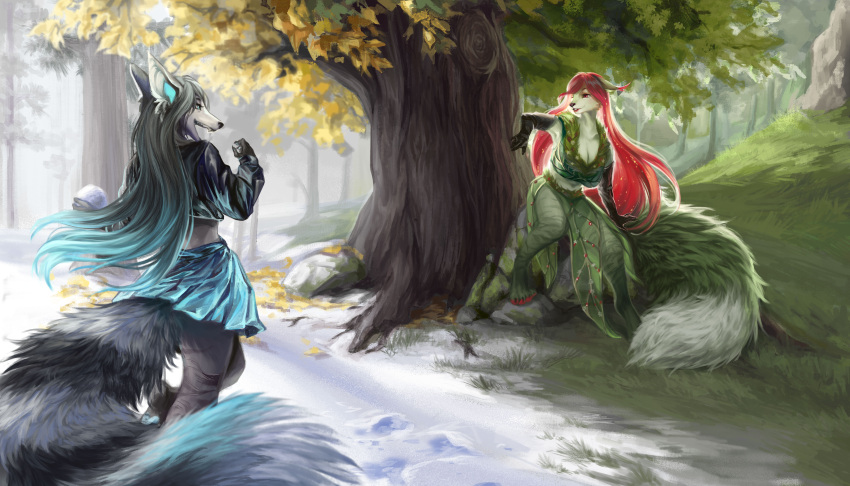 absurd_res and anthro artist_hisade autumn canid canine canis duo elemental_creature female female/female flora_fauna fox_spirit hi_res hybrid in invalid_background invalid_tag mammal plant represent same seasons several spring summer the they winter wolf wolfgirl