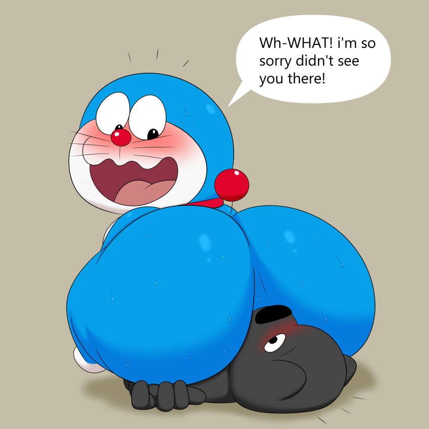 absurd_res anthro big_butt black_body black_eyes black_fur black_nose blue_body blush bodily_fluids butt canid canine canis collar colossalstars digital_media_(artwork) domestic_cat domestic_dog doraemon doraemon_(character) english_text facesitting felid feline felis fur hi_res looking_back lying machine male mammal nervous on_back red_nose robot simple_background sitting_on_another solo speech_bubble sweat tail tan_background text thick_thighs tongue whiskers white_body