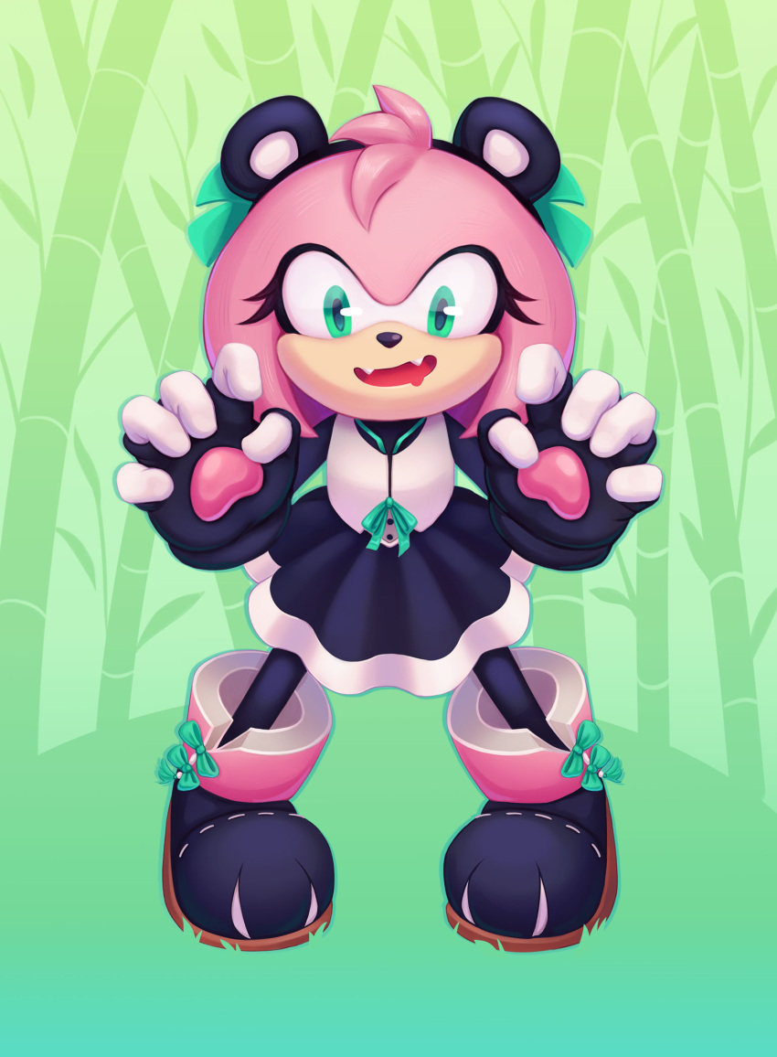 alternate_costume amy_rose anthro clothing dark_clothing eulipotyphlan eyelashes eyeliner fake_ears fangs female footwear fur gloves green_accessory green_eyes hair handwear hedgehog hi_res makeup mammal multicolored_clothing open_mouth panda_costume pawpads pink_body pink_fur pink_hair ribbons ritsuxz sega shoes simple_background smile solo sonic_the_hedgehog_(series) stoking teeth two_tone_clothing white_clothing