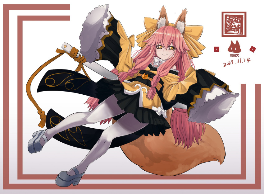1girl animal_ear_fluff animal_ears b.d bare_shoulders black_skirt bow braid breasts fate/samurai_remnant fate_(series) fox_ears fox_girl fox_tail full_body hair_between_eyes hair_bow highres japanese_clothes katana kimono long_hair looking_at_viewer obi off_shoulder pink_hair platform_footwear sash sidelocks skirt small_breasts smile solo sword tail tamamo_(fate) tamamo_aria_(fate) thighhighs twintails variant_set weapon white_thighhighs wide_sleeves yellow_bow yellow_eyes yellow_kimono
