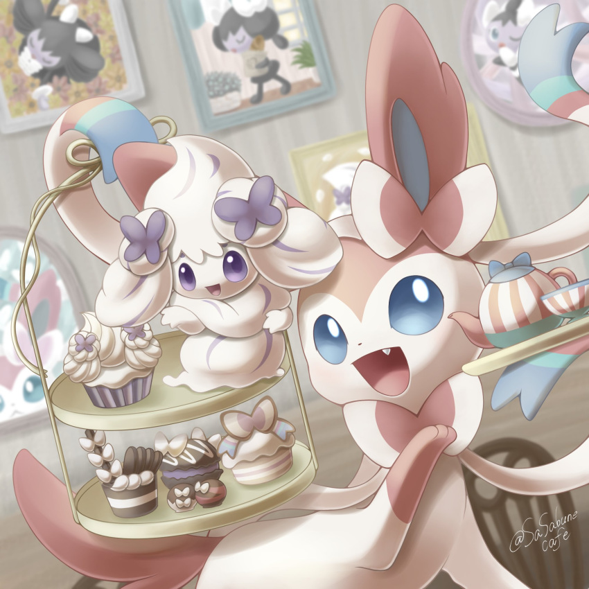 alcremie blue_eyes chair cup cupcake fang food gothita gothorita hand_up highres holding holding_tray indoors macaron open_mouth picture_frame pokemon pokemon_(creature) purple_eyes ribbon sasabunecafe striped sylveon teacup teapot tiered_tray tray twitter_username vertical_stripes