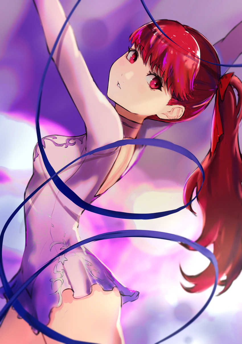 1girl absurdres back_cutout breasts clothing_cutout cowboy_shot dress gymnastics gymnastics_ribbon highres long_hair looking_at_viewer medium_breasts parted_lips persona persona_5 persona_5_the_royal pink_dress ponytail red_eyes red_hair rhythmic_gymnastics short_dress solo yoshizawa_kasumi yuu_(primenumber7)