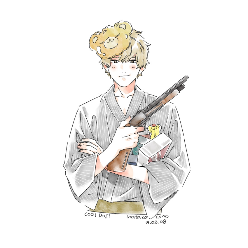 1boy absurdres artist_name blonde_hair closed_mouth cool_doji_danshi cowboy_shot crossed_arms dated fingernails futami_shun highres holding holding_toy japanese_clothes kimono long_sleeves looking_at_viewer male_focus mask mask_on_head nata_kokone solo striped striped_kimono toy toy_gun white_background yellow_eyes yukata