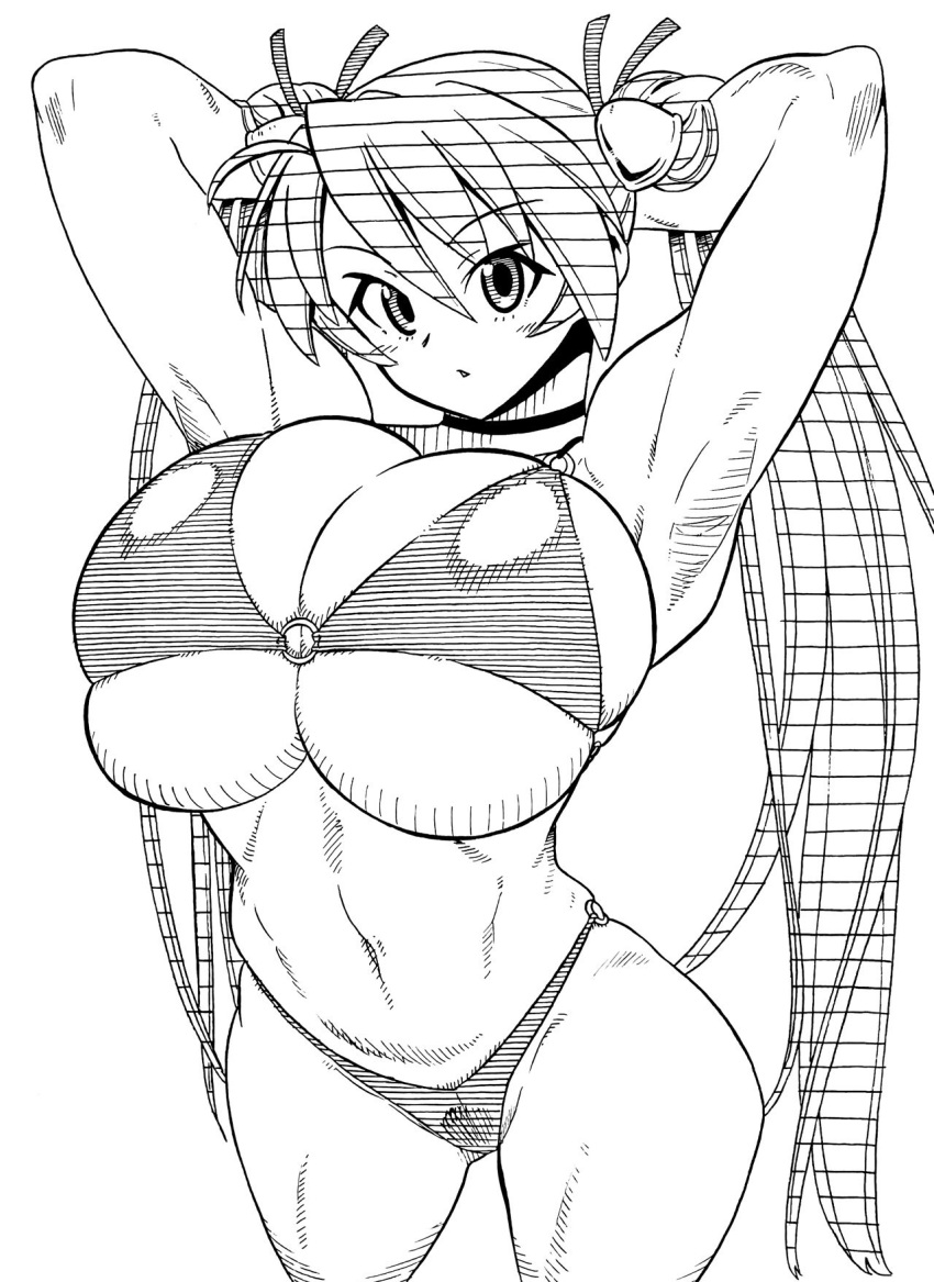 arms_behind_head arms_up bad_source bikini breasts character_request copyright_request gigantic_breasts highres hokuto_(tokuho) huge_breasts large_breasts long_hair looking_at_viewer monochrome swimsuit twintails very_long_hair