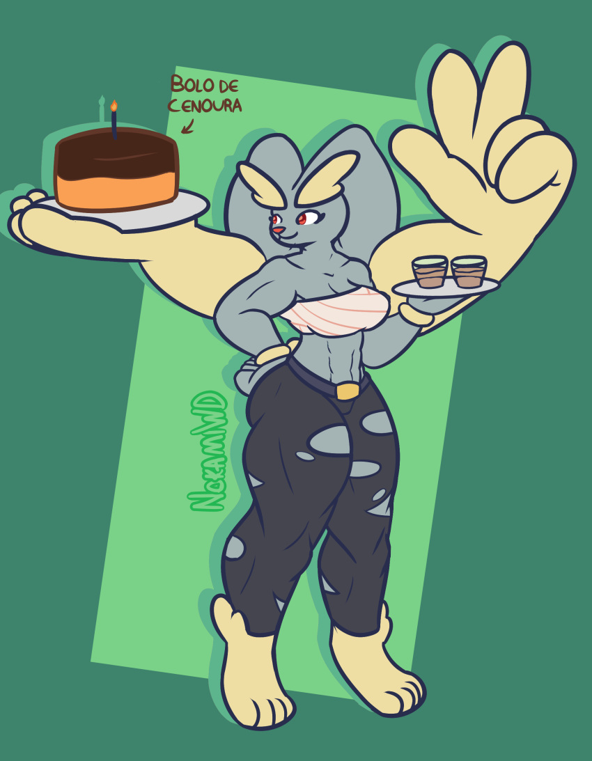 abs absurd_res anthro biceps big_breasts big_butt bottomwear breasts butt clothed clothing female food fusion generation_1_pokemon generation_4_pokemon hi_res holding_food holding_object hybrid lopunny machamp multi_arm multi_limb muscular muscular_female nintendo nokamiwd pants pecs pokemon pokemon_(species) pokemon_fusion simple_background smile solo text thick_thighs topwear torn_bottomwear torn_clothing torn_pants translated wide_hips