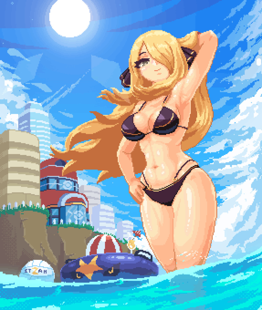 1girl animated animated_gif arm_behind_head arm_up armpits artist_name ball bare_shoulders beachball bikini black_bikini blinking blonde_hair blue_sky breasts building cleavage cliff closed_mouth cloud cloudy_sky cocktail cocktail_umbrella cup cynthia_(pokemon) day drinking_glass eyelashes fence floating_hair garchomp grass grey_eyes hair_ornament hair_over_one_eye hand_on_own_hip highres in_water innertube itzah long_hair looking_at_viewer medium_breasts multi-strapped_bikini_bottom navel o-ring o-ring_bikini o-ring_bottom one_eye_covered outdoors parted_bangs partially_submerged partially_underwater_shot pixel_art pokemon pokemon_(game) pokemon_bw pokemon_center sidelocks sky smile solo standing stomach sun swept_bangs swimsuit very_long_hair volleyball volleyball_(object) wading water wind