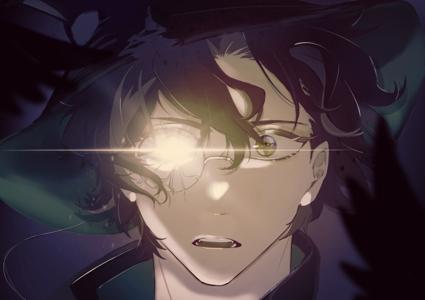 1boy abstract_background absurdres amon_(lord_of_the_mysteries) black_eyes black_hair broken_eyewear chinese_commentary commentary_request dark highres linyu132 looking_at_viewer lord_of_the_mysteries monocle parted_lips solo surprised teeth tongue wind