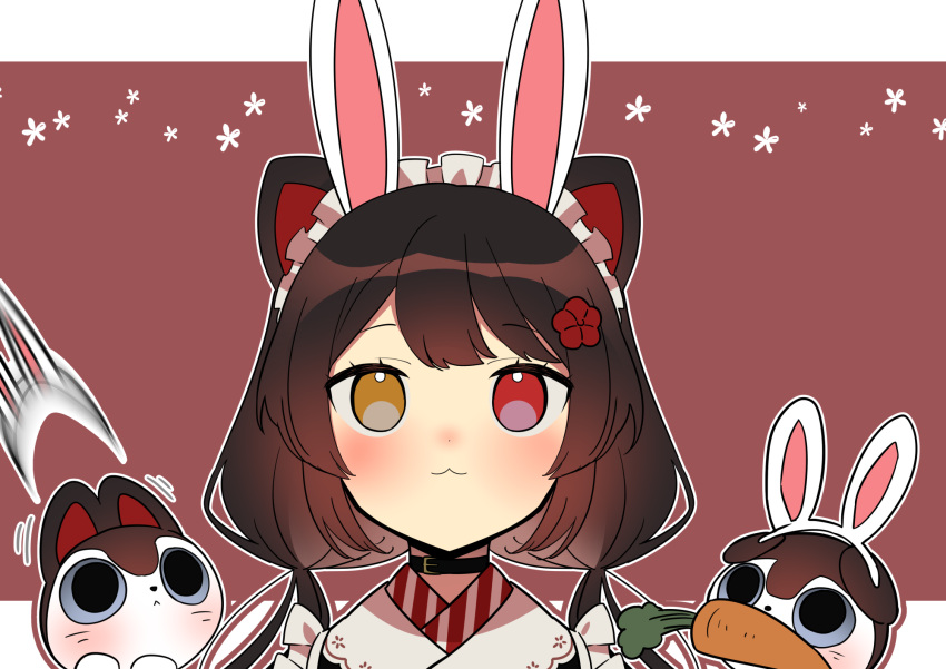 1girl :3 animal_ears black_collar black_hair brown_eyes collar commentary_request dog_ears fake_animal_ears flower hair_flower hair_ornament hairband heterochromia highres inui_toko lanlanlap low_twintails maid maid_headdress nijisanji rabbit_ears red_eyes twintails virtual_youtuber wa_maid white_hairband