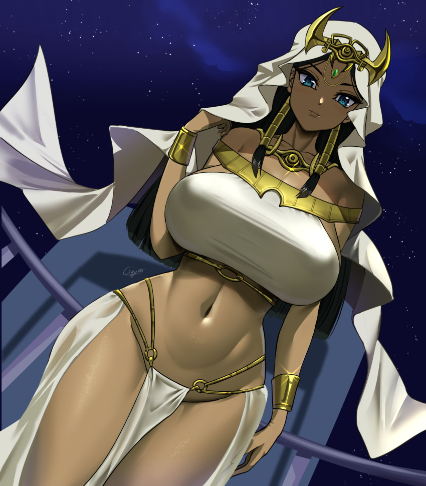 1girl amano_cigusa bare_shoulders black_hair blue_eyes bracelet breasts closed_mouth collarbone curvy dark-skinned_female dark_skin egyptian egyptian_clothes english_commentary eye_of_horus forehead_jewel hair_tubes hand_up highres huge_breasts ishizu_ishtar jewelry long_hair looking_at_viewer millennium_necklace navel night night_sky o-ring parted_bangs pelvic_curtain signature sky solo stomach thick_thighs thighs veil wide_hips yu-gi-oh!