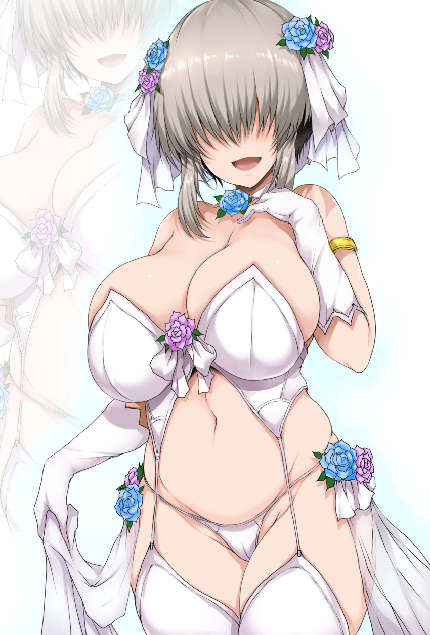 1girl blush breasts bride bustier cameltoe cleavage commentary_request cowboy_shot curvy flower_wreath garter_straps gloves grey_hair groin hair_over_eyes hand_on_own_chest head_wreath highres huge_breasts lingerie long_bangs open_mouth panties plump short_hair short_hair_with_long_locks sidelocks skindentation smile solo strapless thighhighs thong tsukasawa_takamatsu undersized_breast_cup underwear uzaki-chan_wa_asobitai! uzaki_yanagi waist_cape white_garter_straps white_gloves white_panties white_thighhighs white_veil zoom_layer