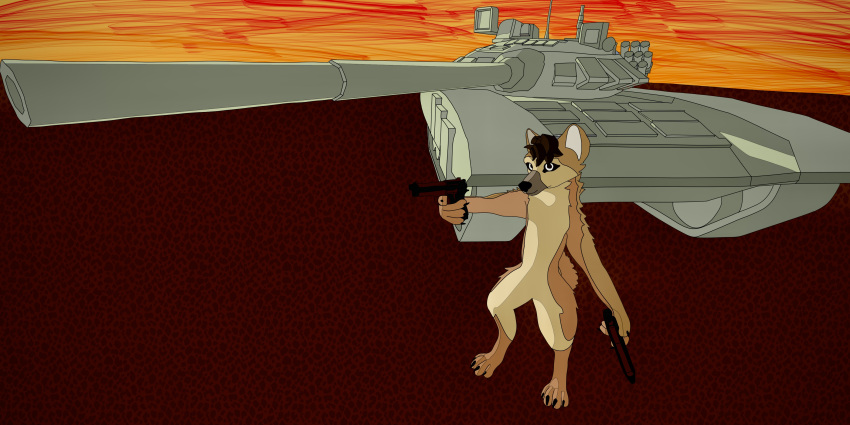absurd_res anthro canid canine canis domestic_dog esoteric_martyr gaijin_entertainment gun handgun hi_res male mammal military pistol pose ranged_weapon solo spookston sunset t-72_(tank) tank vehicle war_thunder weapon