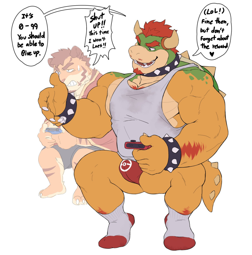 &lt;3 2023 anthro arm_hair barazoku beard biceps big_bulge big_muscles bodily_fluids body_hair bottomwear bowser bowser_day bracelet bulge chest_hair claws clenched_teeth clothed clothing collar controller dialogue duo english_text estper eyebrows facial_hair felid footwear game_controller gaming hair hi_res holding_controller holding_object horn huge_muscles jewelry koopa male male/male mammal mario_bros muscular muscular_anthro muscular_male nintendo nintendo_switch one_eye_closed open_mouth open_smile pantherine pecs playing_videogame scalie shell shirt shorts simple_background sitting smile socks solo_focus spiked_bracelet spiked_collar spiked_shell spiked_tail spikes spikes_(anatomy) sweat sweatdrop tail tank_top teeth text thick_thighs thong tiger topwear underwear white_background wink