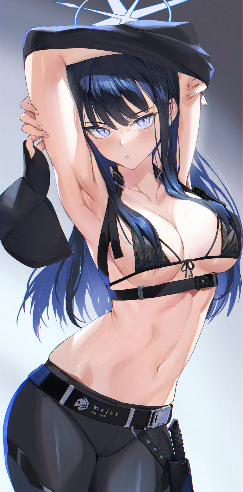 1girl absurdres armpits bikini black_background black_bikini black_pants black_shirt blue_archive blue_background blue_eyes blue_halo breasts clothes_lift collarbone gradient_background halo hat highres holding holding_clothes holding_hat lifted_by_self long_hair looking_at_viewer medium_breasts mhk_(mechamania) navel pants parted_lips saori_(blue_archive) shirt shirt_lift solo stomach swimsuit undressing