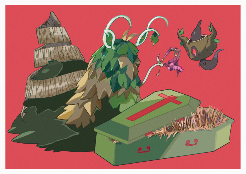 absurdres border coffin commentary_request cross_print flower highres holding holding_flower looking_down no_humans phantump pink_background pokemon pokemon_(creature) saiku_(zvlku) white_border wilted_flower wo-chien