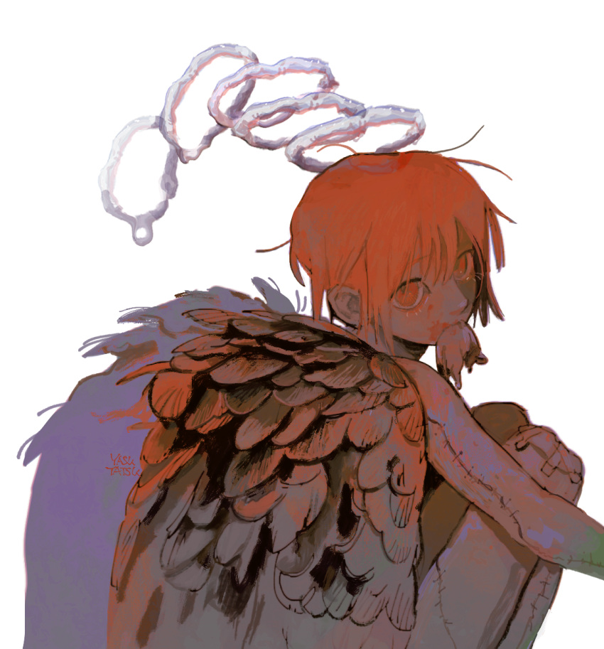 1other amazu_(mokeketenkomori) androgynous animal_in_mouth artist_name blood blood_on_face dead_animal feathered_wings feathers feet_out_of_frame folded_wings from_behind gauze_on_knee halo highres looking_at_viewer looking_back messy_hair mouse mouth_hold multiple_halos nude orange_eyes orange_hair original short_hair simple_background squatting stitched_arm stitched_leg stitches upturned_eyes white_background wings