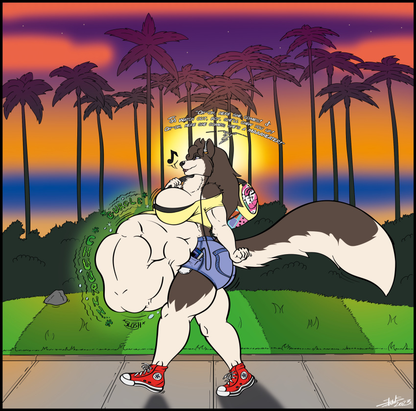 80's_theme absurd_res anthro big_breasts blue_eyes bottomwear breasts brown_body bubble_butt butt canid canine canis clothing converse converse_shoes crop_top curvy_figure digestion digestion_noises domestic_dog duffel_bag english_text fatal_vore female finnish_lapphund flat_colors fluffy fluffy_tail fully_inside fur hi_res hotpants hybrid lapphund long_tail lyrics mabel_dobson mammal multicolored_body multicolored_fur multiple_prey neck_tuft palm_tree plant shirt shorts skianous smile spitz sunset tail text topwear tree tuft two_tone_body two_tone_fur vore walkman wolfdog