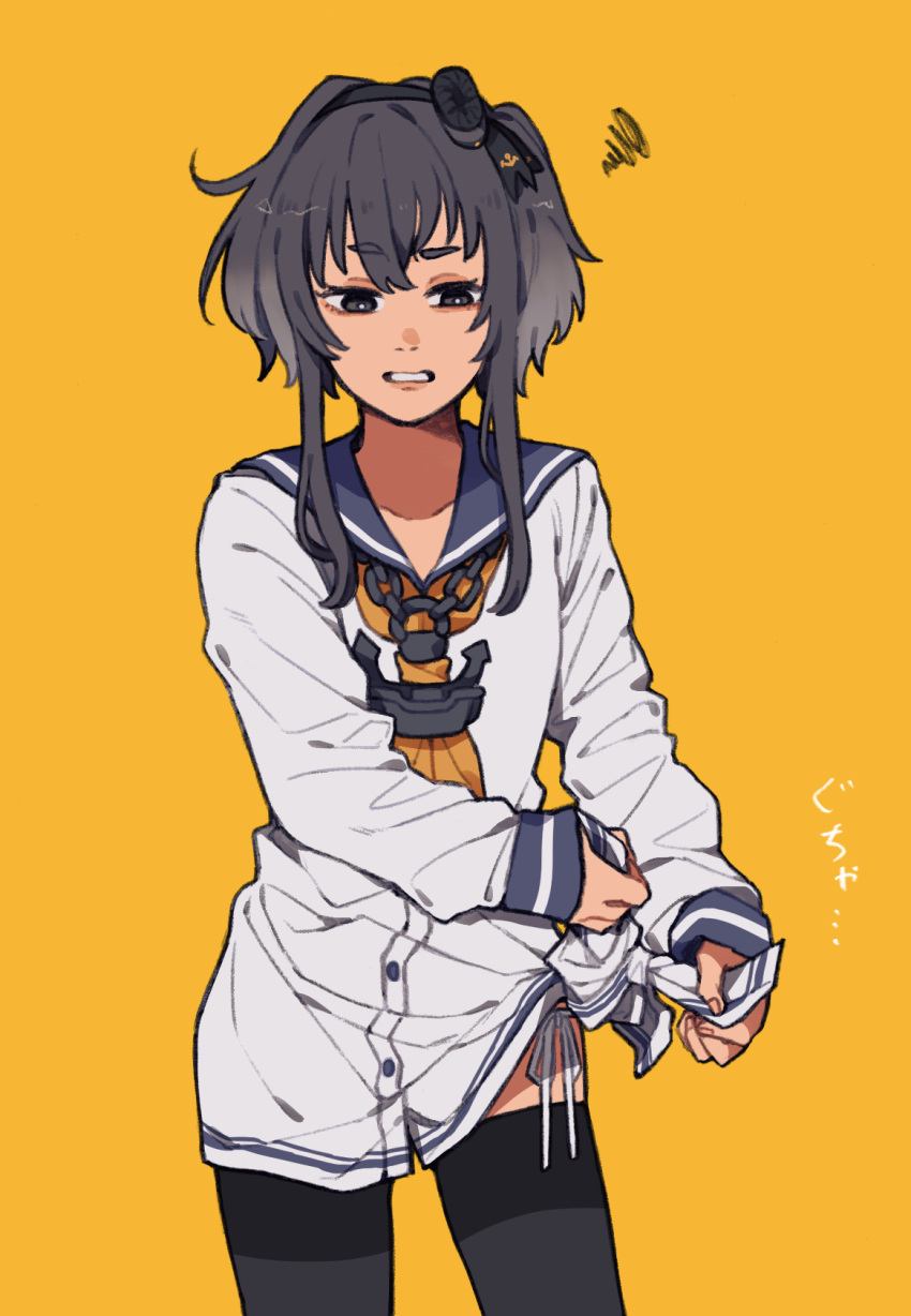 1girl anchor anchor_symbol black_hair chain_necklace cowboy_shot dress gradient_hair grey_hair hat headgear highres jewelry kantai_collection long_sleeves looking_down lowleg lowleg_pantyhose medium_hair mini_hat multicolored_hair neckerchief necklace orange_background panties pantyhose parted_lips sailor_collar sailor_dress shirt short_hair short_hair_with_long_locks side-tie_panties sidelocks simple_background solo squiggle sumoffu thick_eyebrows thighhighs tied_shirt tokitsukaze_(kancolle) translation_request underwear white_shirt yellow_background