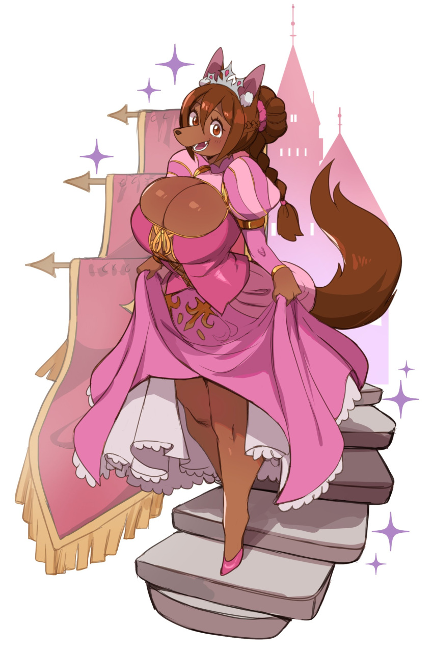 absurd_res anthro big_breasts breasts brown_body brown_fur brown_hair canid canine cleavage clothed clothing clothing_lift dress dress_lift female fur hair hi_res lightsource mammal solo